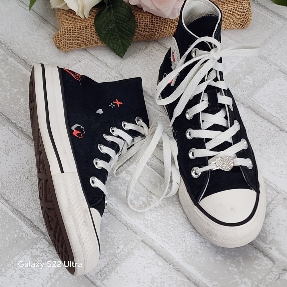 Black High-Top Sneakers with Heart Details